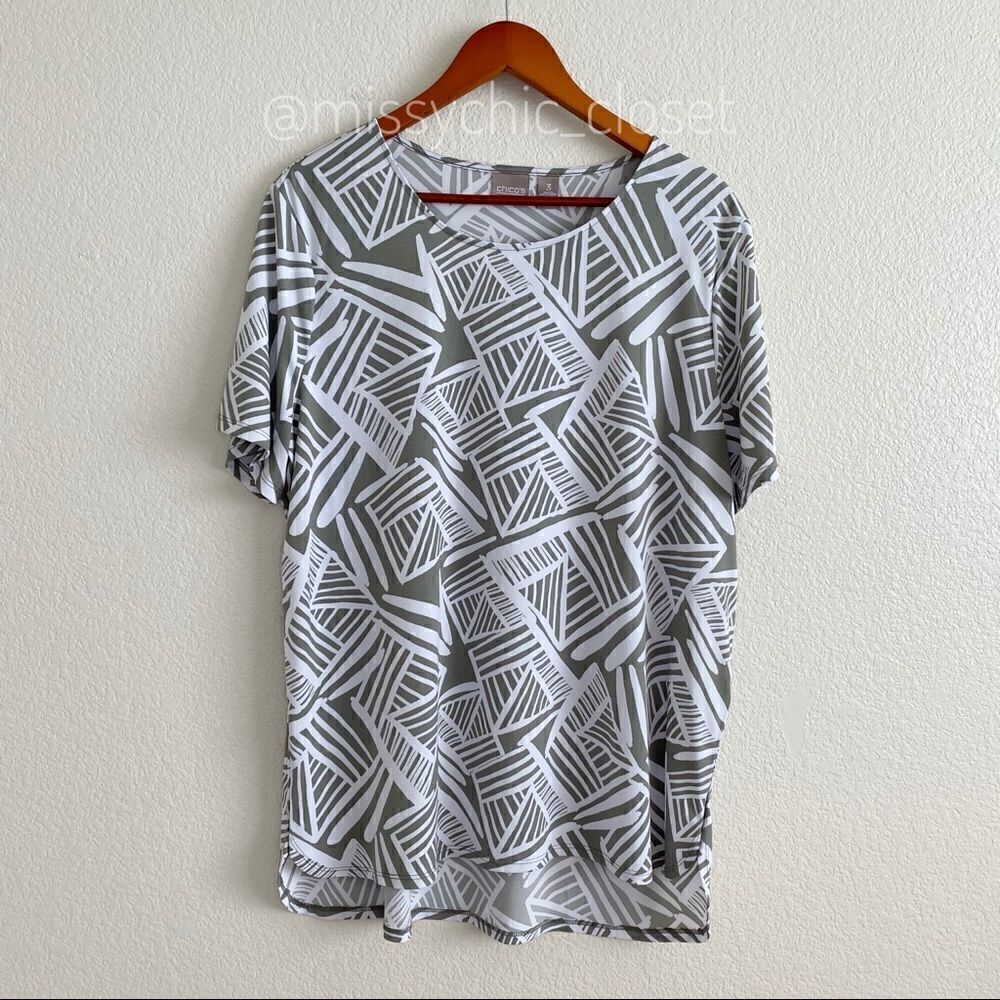 NWOT Chico’s Sage Green Tribal Print High-Low Short Sleeves Top, Size XL